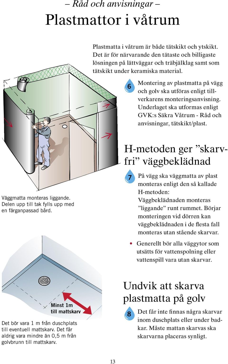 6 Montering av plastmatta på vägg och golv ska utföras enligt tillverkarens monteringsanvisning. Underlaget ska utformas enligt GVK:s Säkra Våtrum - Råd och anvisningar, tätskikt/plast.