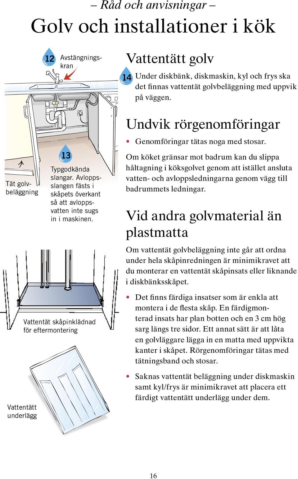 Om köket gränsar mot badrum kan du slippa håltagning i köksgolvet genom att istället ansluta vatten- och avloppsledningarna genom vägg till badrummets ledningar.