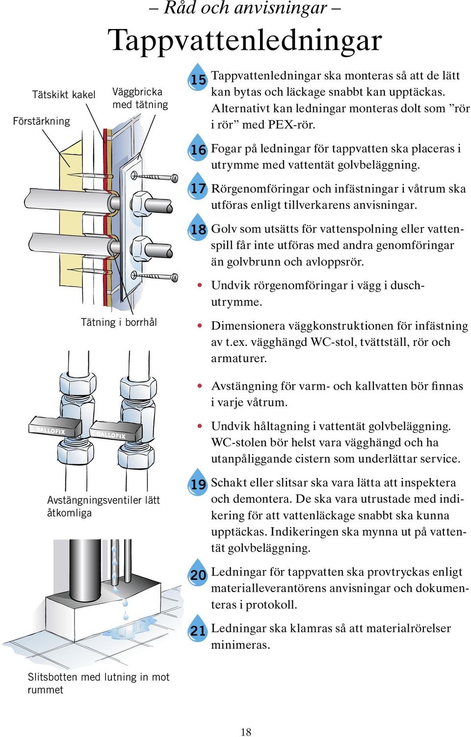 17 Rörgenomföringar och infästningar i våtrum ska utföras enligt tillverkarens anvisningar.