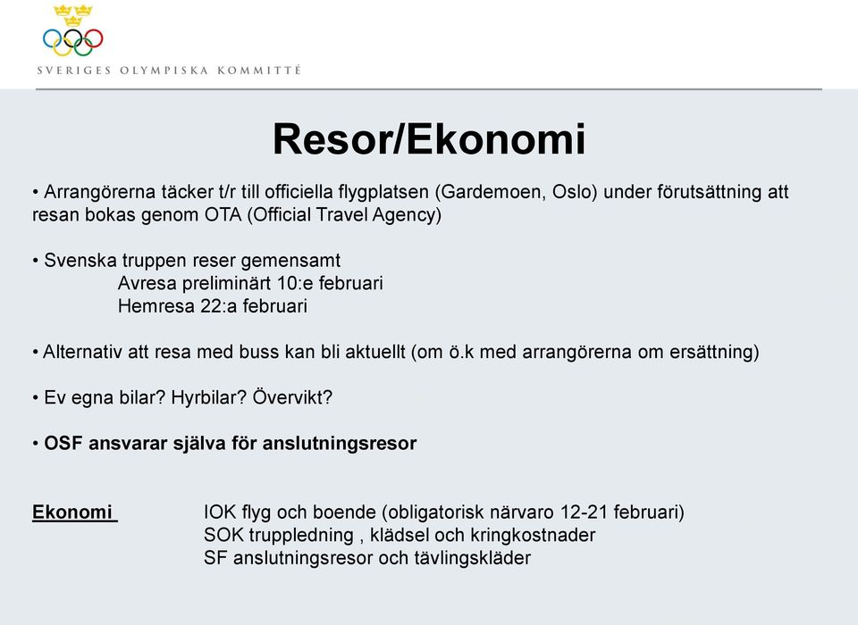 aktuellt (om ö.k med arrangörerna om ersättning) Ev egna bilar? Hyrbilar? Övervikt?