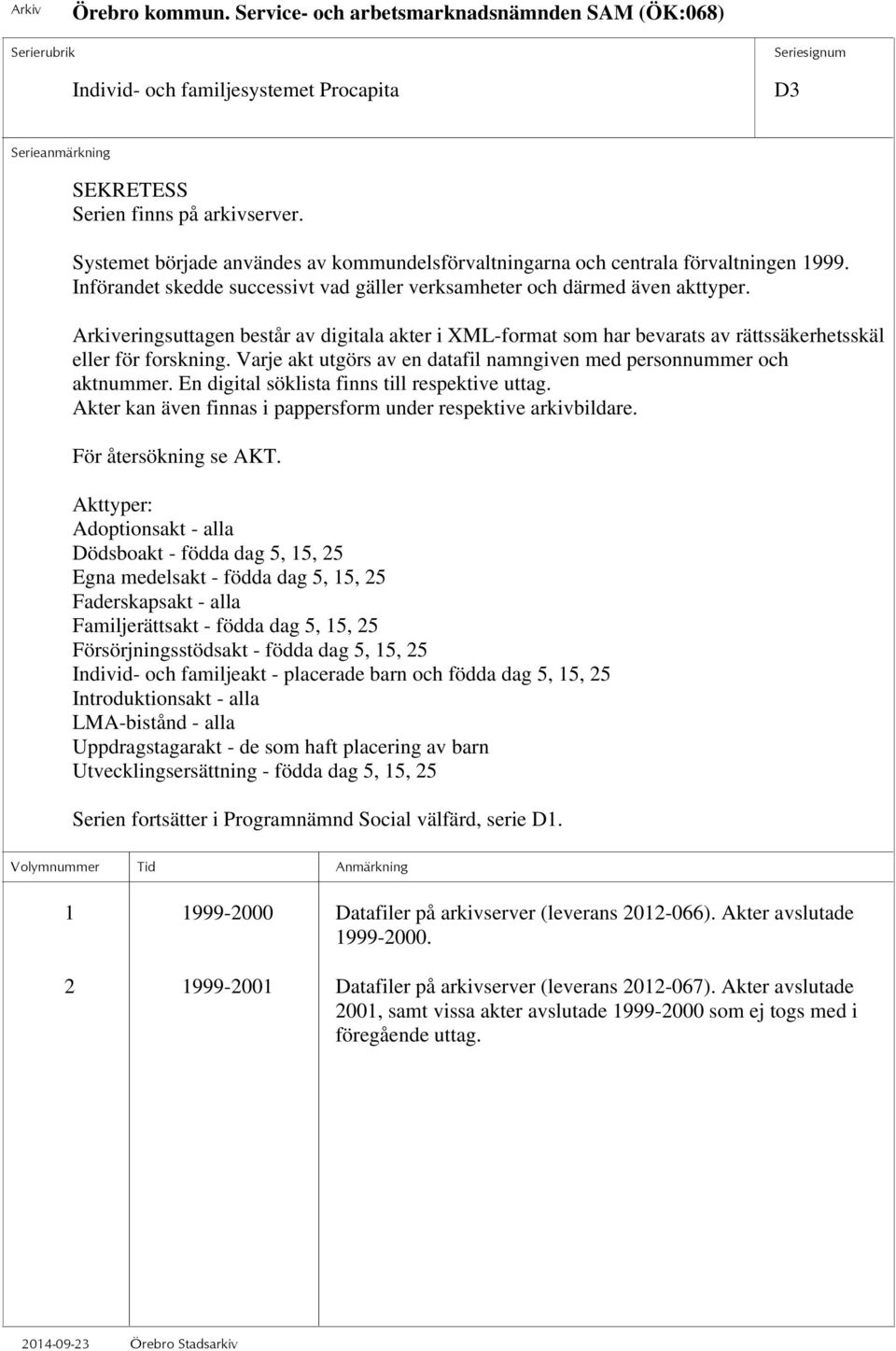 Varje akt utgörs av en datafil namngiven med personnummer och aktnummer. En digital söklista finns till respektive uttag. Akter kan även finnas i pappersform under respektive arkivbildare.