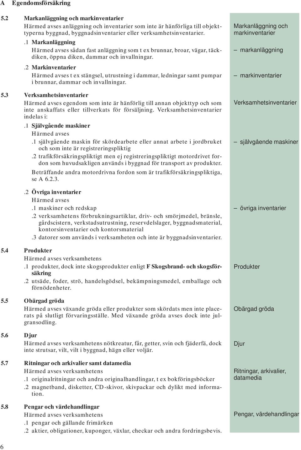 .2 Markinventarier Härmed avses t ex stängsel, utrustning i dammar, ledningar samt pumpar i brunnar, dammar och invallningar. 5.