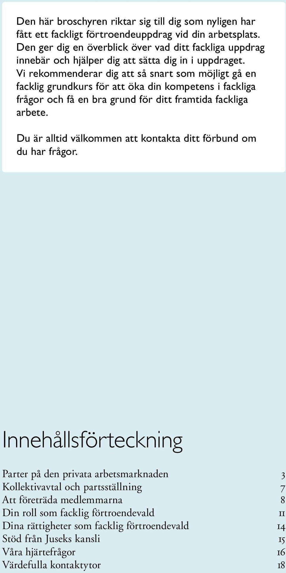 Vi rekommenderar dig att så snart som möjligt gå en facklig grundkurs för att öka din kompetens i fackliga frågor och få en bra grund för ditt framtida fackliga arbete.