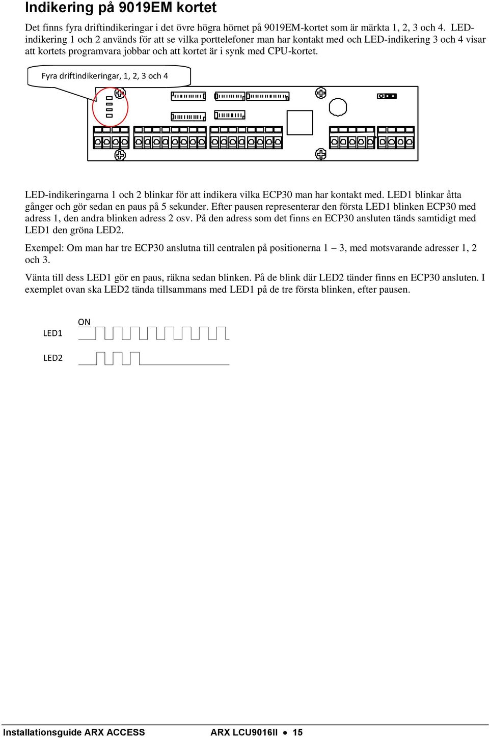 Fyra driftindikeringar, 1, 2, 3 och 4 LED-indikeringarna 1 och 2 blinkar för att indikera vilka ECP30 man har kontakt med. LED1 blinkar åtta gånger och gör sedan en paus på 5 sekunder.