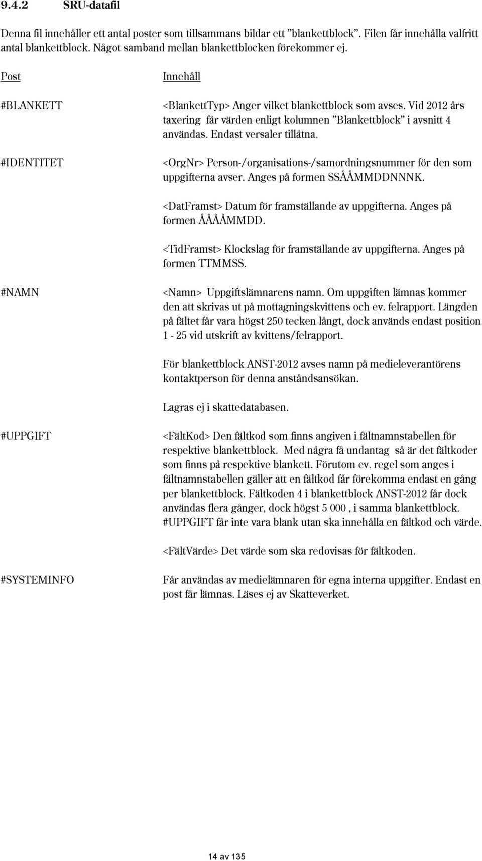 <Orgr> Person-/organisations-/samordningsnummer för den som uppgifterna avser. Anges på formen SSÅÅMMDDK. <DatFramst> Datum för framställande av uppgifterna. Anges på formen ÅÅÅÅMMDD.