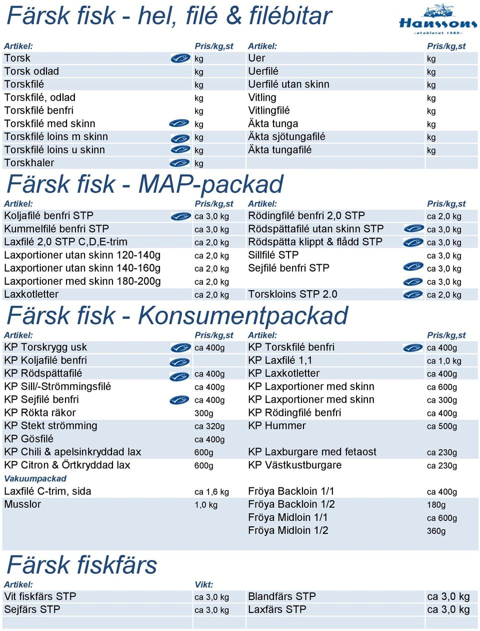 2,0 STP ca 2,0 kg Kummelfilé benfri STP ca 3,0 kg Rödspättafilé utan skinn STP ca 3,0 kg Laxfilé 2,0 STP C,D,E-trim ca 2,0 kg Rödspätta klippt & flådd STP ca 3,0 kg Laxportioner utan skinn 120-140g