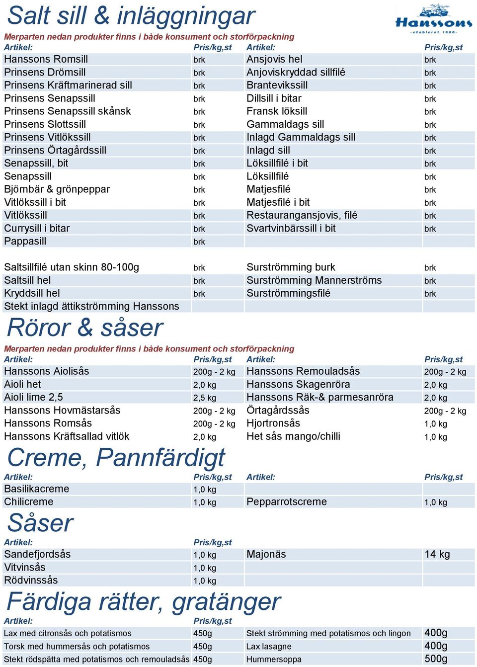 Björnbär & grönpeppar Matjesfilé Vitlökssill i bit Matjesfilé i bit Vitlökssill Restaurangansjovis, filé Currysill i bitar Svartvinbärssill i bit Pappasill Saltsillfilé utan skinn 80-100g