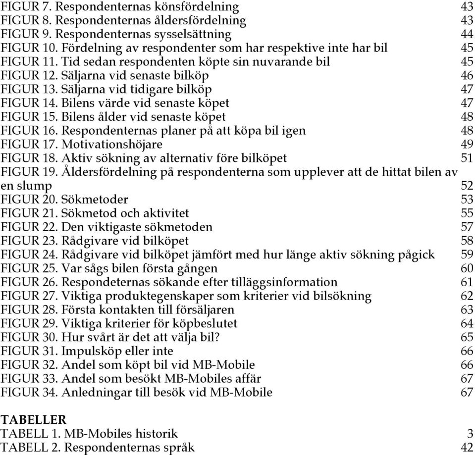 Säljarna vid tidigare bilköp 47 FIGUR 14. Bilens värde vid senaste köpet 47 FIGUR 15. Bilens ålder vid senaste köpet 48 FIGUR 16. Respondenternas planer på att köpa bil igen 48 FIGUR 17.