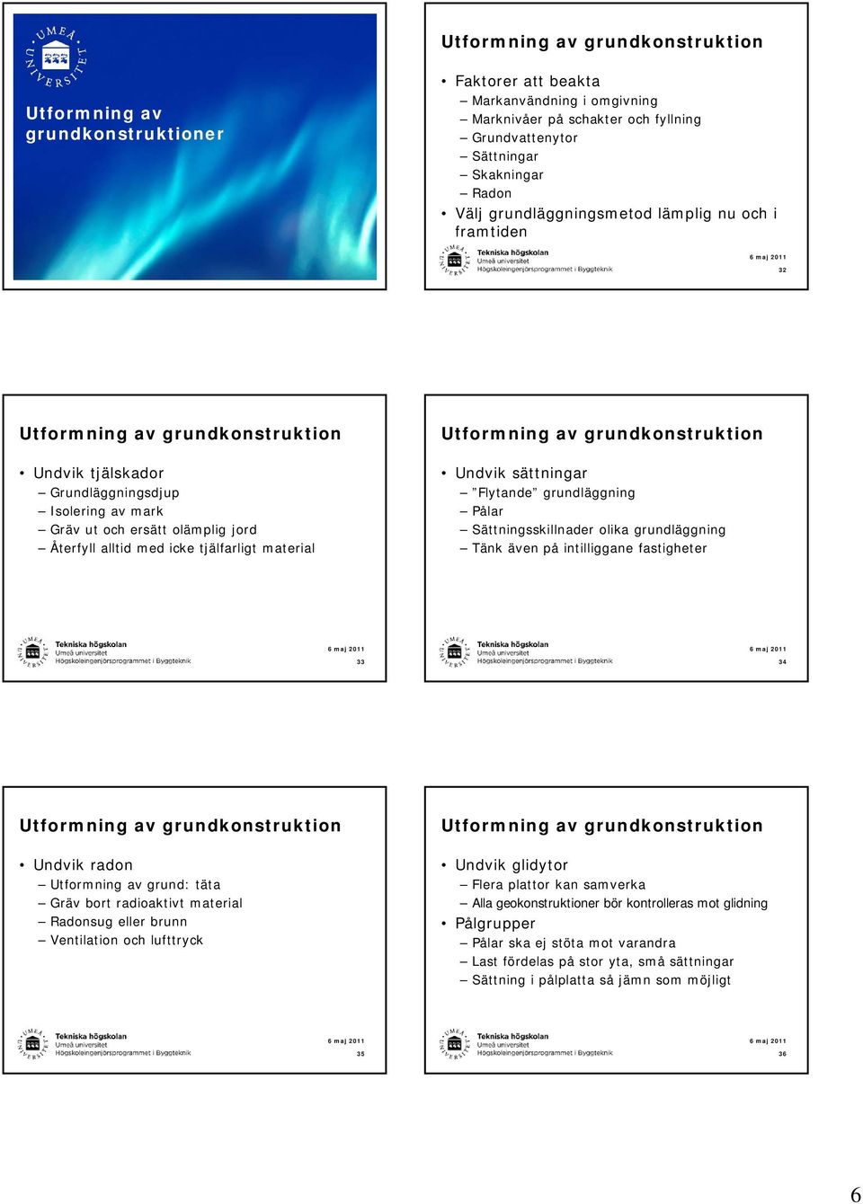 Sättningsskillnader olika grundläggning Tänk även på intilliggane fastigheter 33 34 Undvik radon Utformning av grund: täta Gräv bort radioaktivt material Radonsug eller brunn Ventilation och