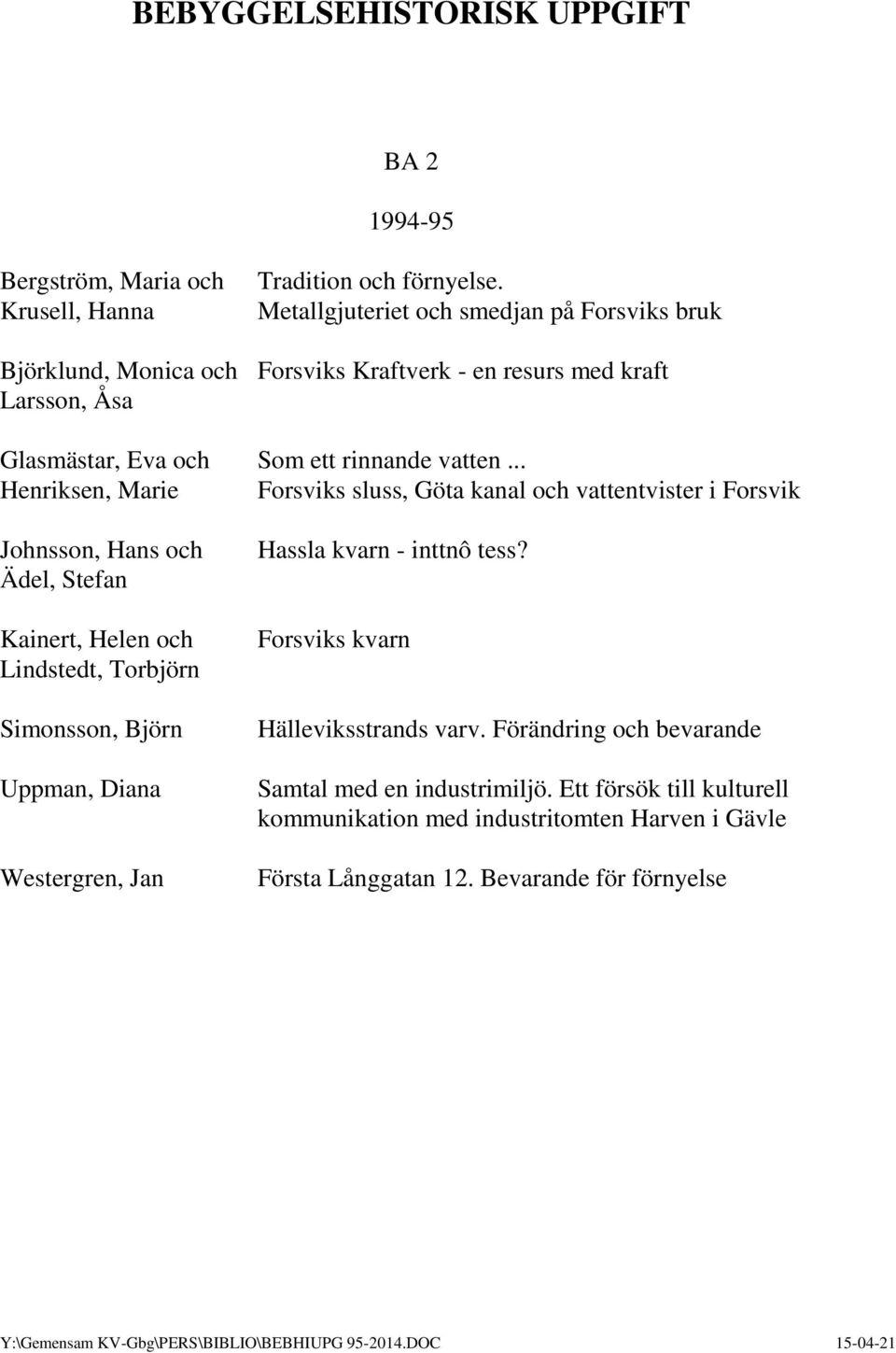 .. Henriksen, Marie Forsviks sluss, Göta kanal och vattentvister i Forsvik Johnsson, Hans och Ädel, Stefan Kainert, Helen och Lindstedt, Torbjörn Simonsson, Björn