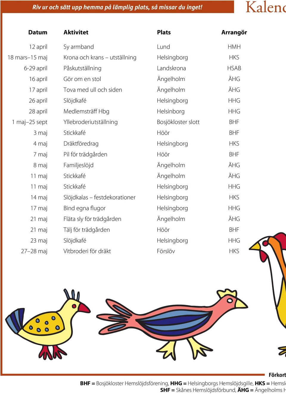 Ängelholm ÄHG 17 april Tova med ull och siden Ängelholm ÄHG 26 april Slöjdkafé Helsingborg HHG 28 april Medlemsträff Hbg Helsinborg HHG 1 maj 25 sept Yllebroderiutställning Bosjökloster slott BHF 3