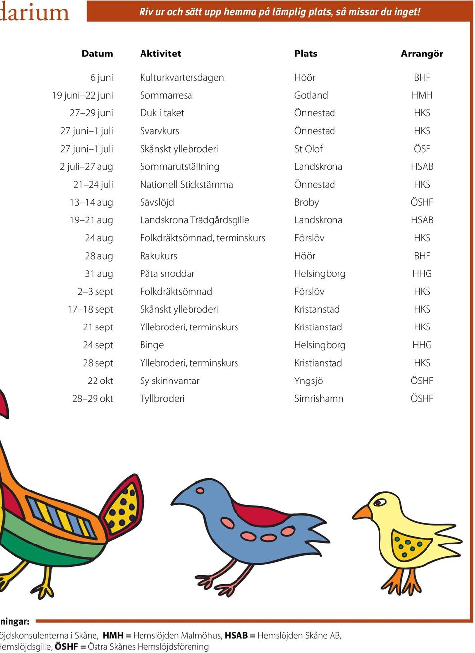 Skånskt yllebroderi St Olof ÖSF 2 juli 27 aug Sommarutställning Landskrona HSAB 21 24 juli Nationell Stickstämma Önnestad HKS 13 14 aug Sävslöjd Broby ÖSHF 19 21 aug Landskrona Trädgårdsgille