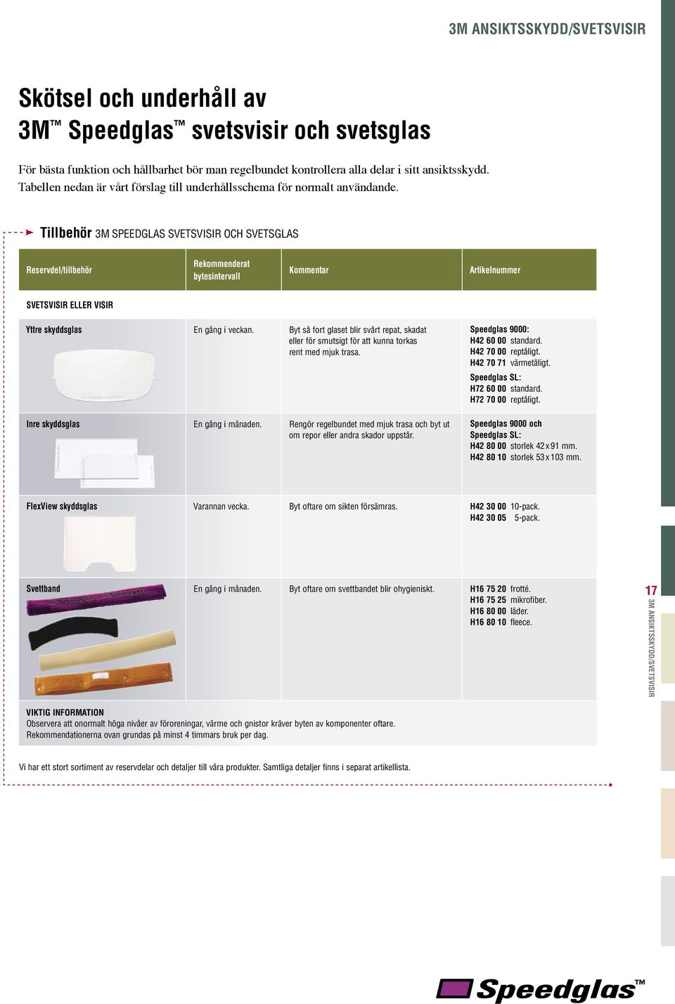 Tillbehör 3M SPEEDGLAS SVETSVISIR OCH SVETSGLAS Reservdel/tillbehör Rekommenderat bytesintervall Kommentar Artikelnummer SVETSVISIR ELLER VISIR Yttre skyddsglas En gång i veckan.