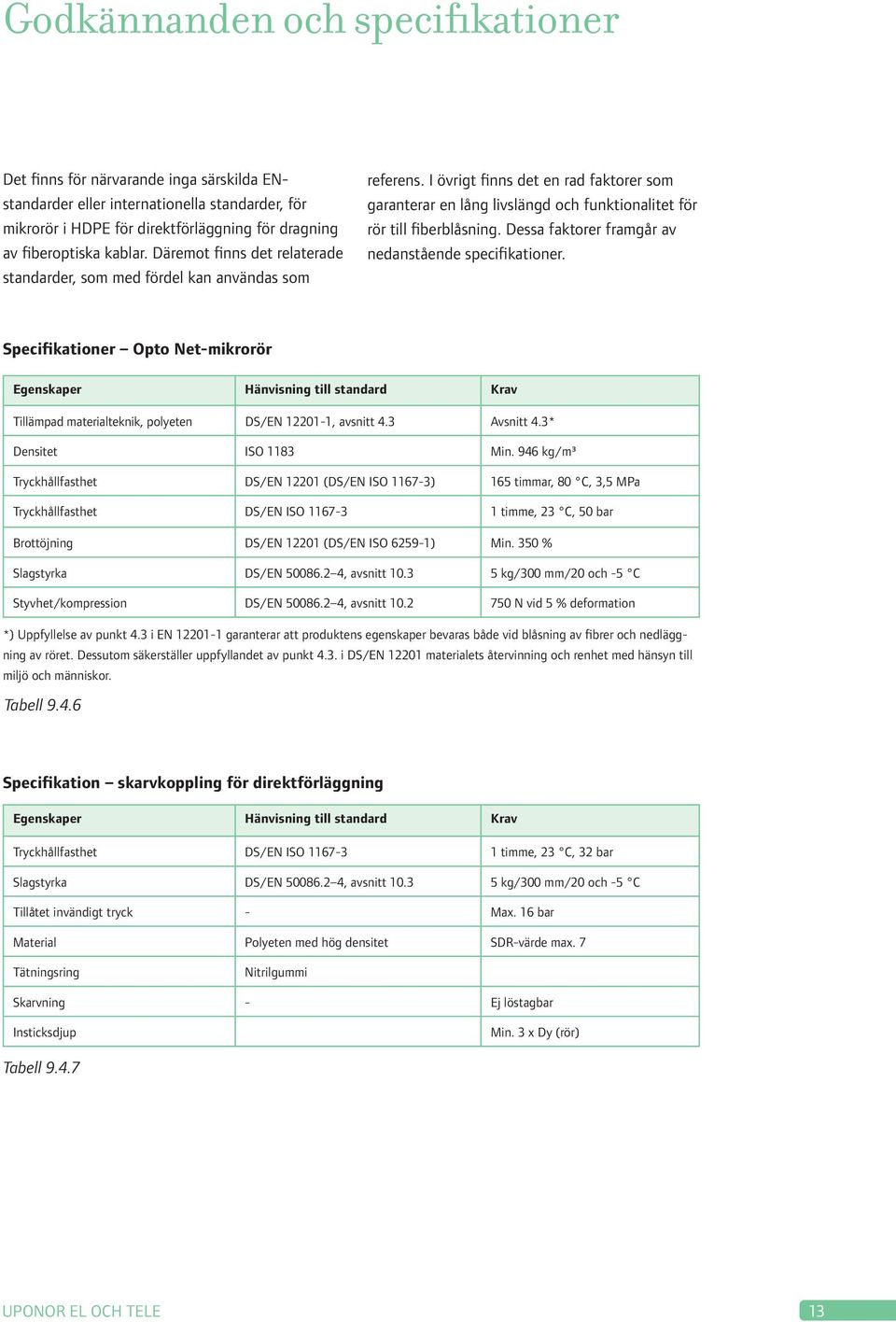 Dessa faktorer framgår av nedanstående specifikationer. Specifikationer Opto Net-mikrorör Egenskaper Hänvisning till standard Krav Tillämpad materialteknik, polyeten DS/EN 12201-1, avsnitt 4.