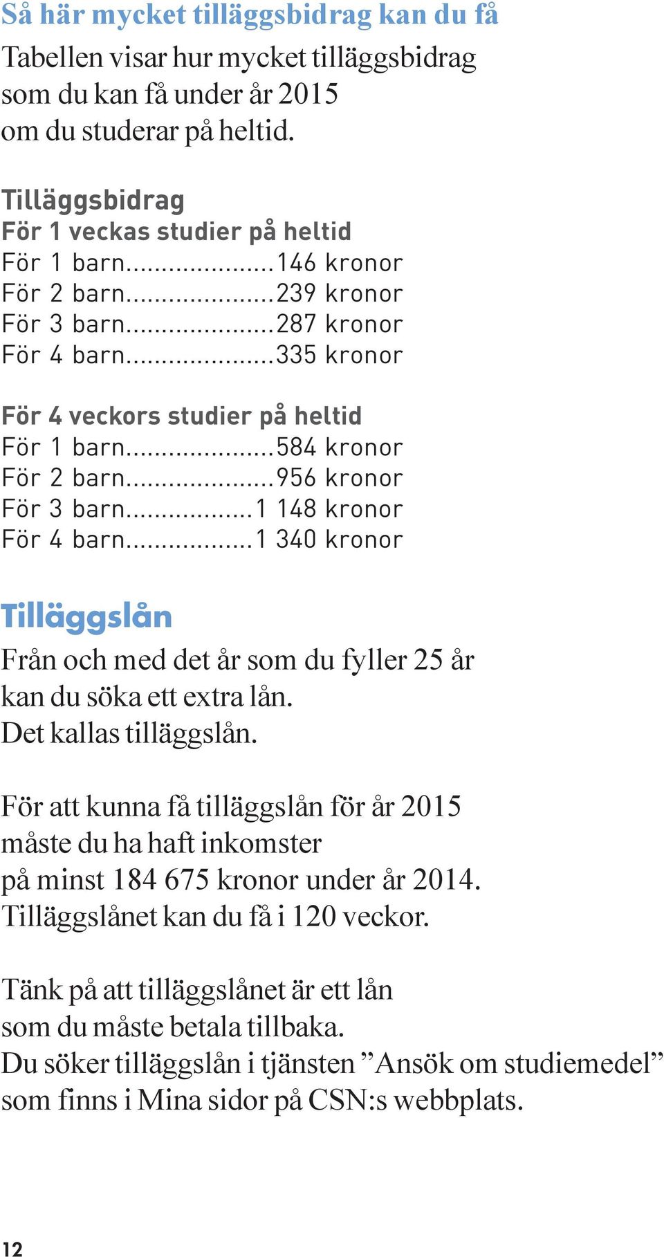 ..1 340 kronor Tilläggslån Från och med det år som du fyller 25 år kan du söka ett extra lån. Det kallas tilläggslån.