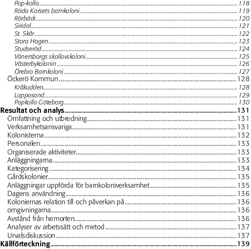 ..131 Kolonisterna...132 Personalen...133 Organiserade aktiviteter...133 Anläggningarna...133 Kategorisering...134 Gårdskolonier...135 Anläggningar uppförda för barnkoloniverksamhet.