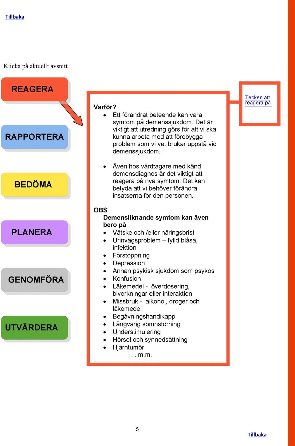 BEDÖMA PLANERA GENOMFÖRA UTVÄRDERA Tecken att reagera på Även hos vårdtagare med känd demensdiagnos är det viktigt att reagera på nya symtom.