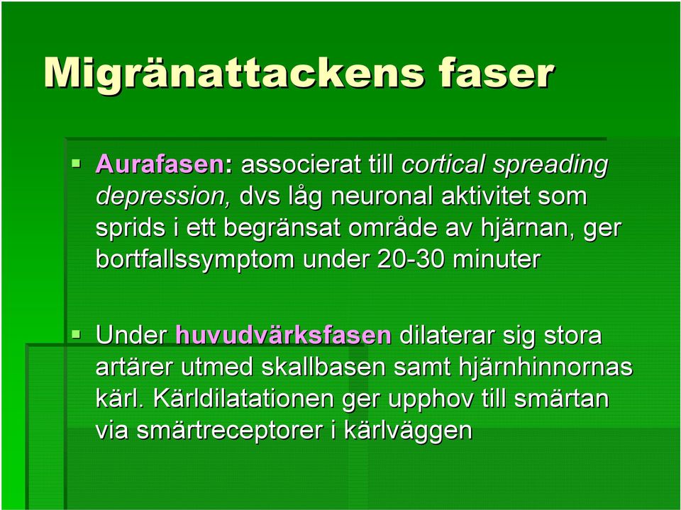 20-30 minuter Under huvudvärksfasen dilaterar sig stora artärer rer utmed skallbasen samt