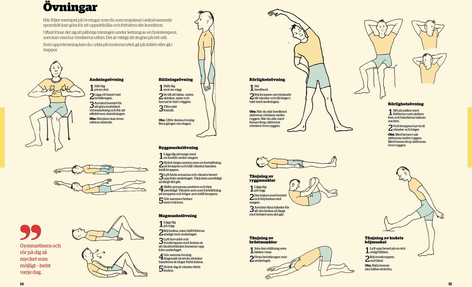 Som uppvärmning kan du cykla på motionscykel, gå på stället eller gå i trappor. Gymnastisera och rör på dig så mycket som möjligt helst varje dag. Andningsövning Sätt dig 1 på en stol.