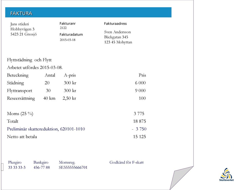 Beteckning Antal A-pris Pris Städning 20 300 kr 6 000 Flyttransport 30 300 kr 9 000 Reseersättning 40 km 2,50 kr 100 Moms (25