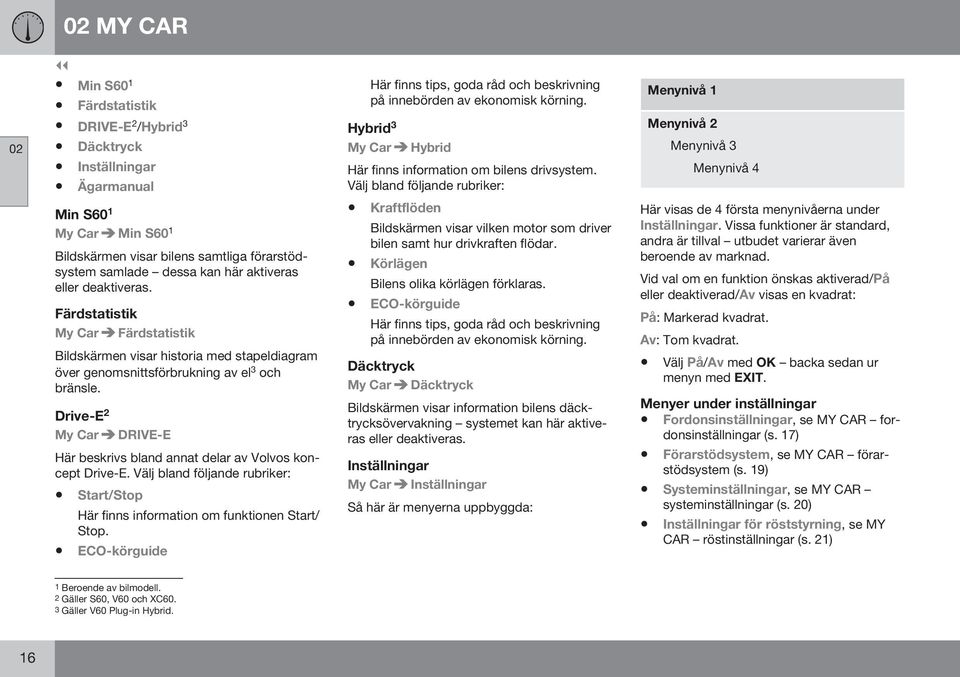 Drive-E 2 My Car DRIVE-E Här beskrivs bland annat delar av Volvos koncept Drive-E. Välj bland följande rubriker: Start/Stop Här finns information om funktionen Start/ Stop.