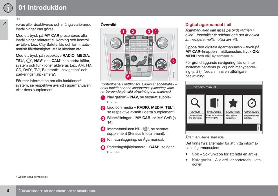 AM, FM, CD, DVD*, TV*, Bluetooth*, navigation* och parkeringshjälpkamera*. För mer information om alla funktioner/ system, se respektive avsnitt i ägarmanualen eller dess supplement.