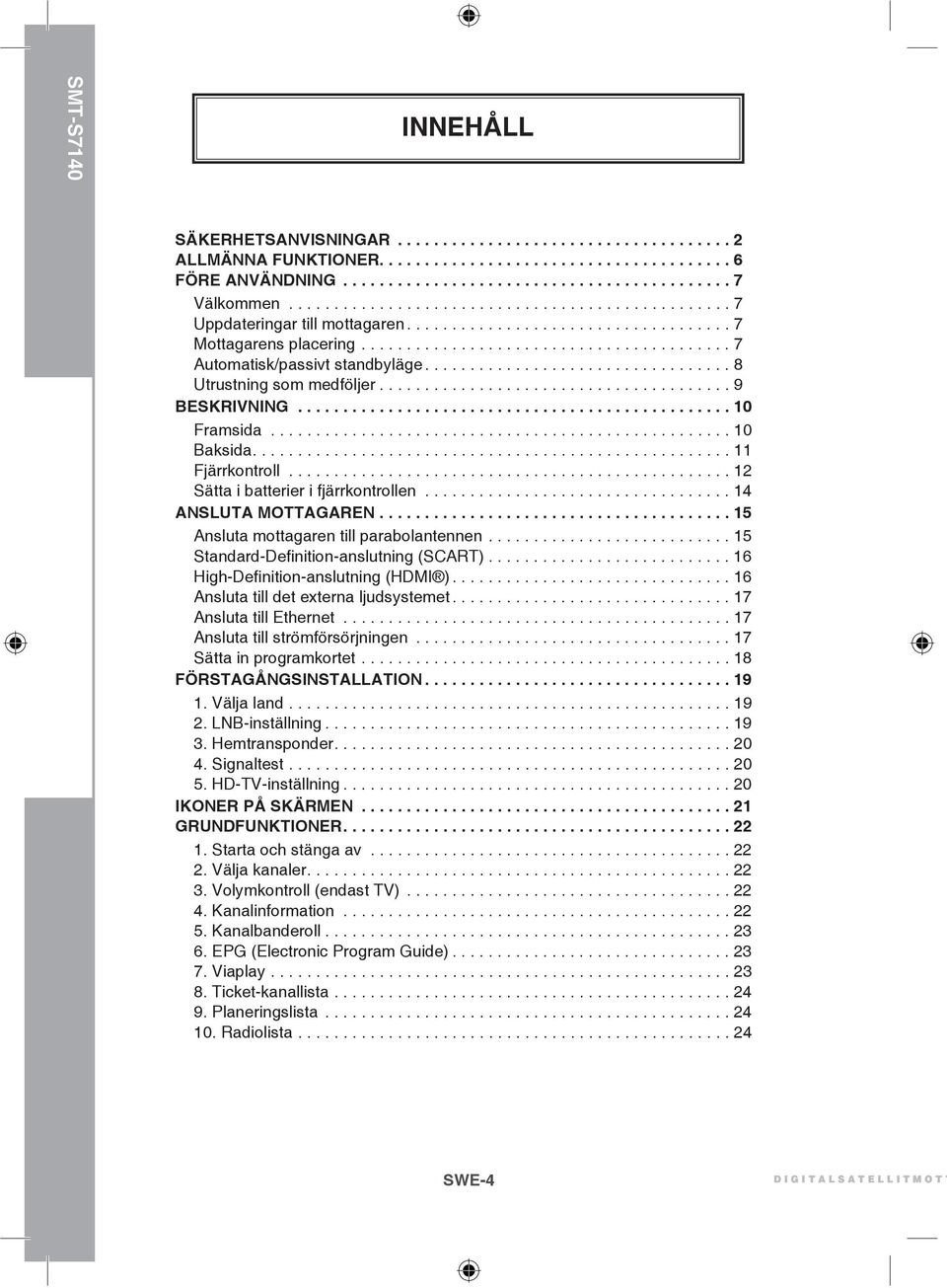 ................................. 8 Utrustning som medföljer....................................... 9 BESKRIVNING................................................ 10 Framsida................................................... 10 Baksida.