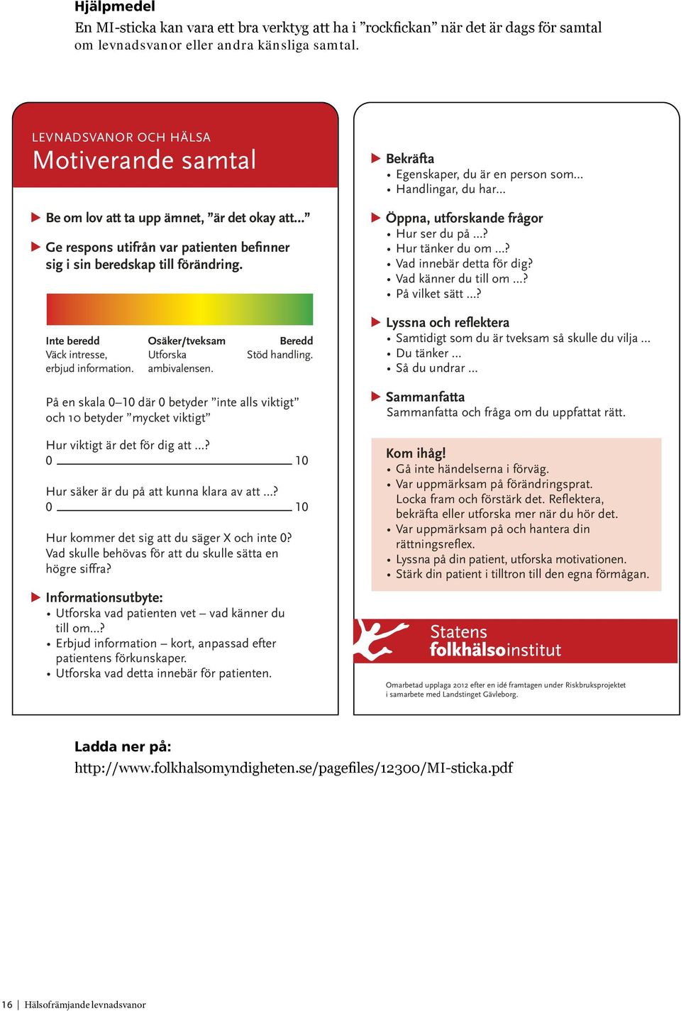 beredskap till förändring. Inte beredd Osäker/tveksam Beredd Väck intresse, Utforska Stöd handling. erbjud information. ambivalensen.