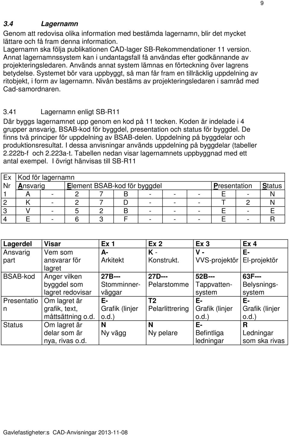 Används annat system lämnas en förteckning över lagrens betydelse. Systemet bör vara uppbyggt, så man får fram en tillräcklig uppdelning av ritobjekt, i form av lagernamn.