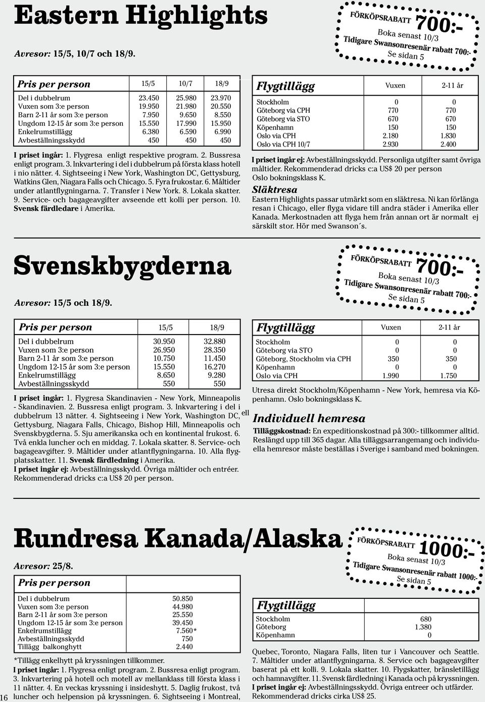 Bussresa enligt program. 3. Inkvartering i del i dubbelrum på första klass hotell i nio nätter. 4. Sightseeing i New York, Washington DC, Gettysburg, Watkins Glen, Niagara Falls och Chicago. 5.