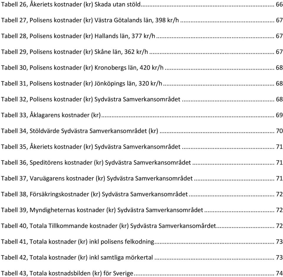 .. 68 Tabell 32, Polisens kostnader (kr) Sydvästra Samverkansområdet... 68 Tabell 33, Åklagarens kostnader (kr)... 69 Tabell 34, Stöldvärde Sydvästra Samverkansområdet (kr).