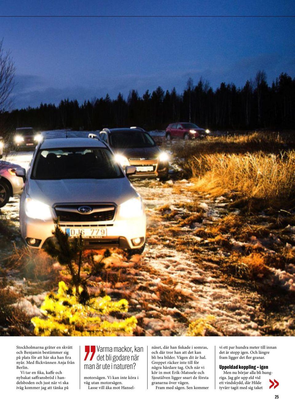 Vi kan inte köra i väg utan motorsågen. Lasse vill åka mot Hanselnäset, där han fiskade i somras, och där tror han att det kan bli bra bilder. Vägen dit är hal.