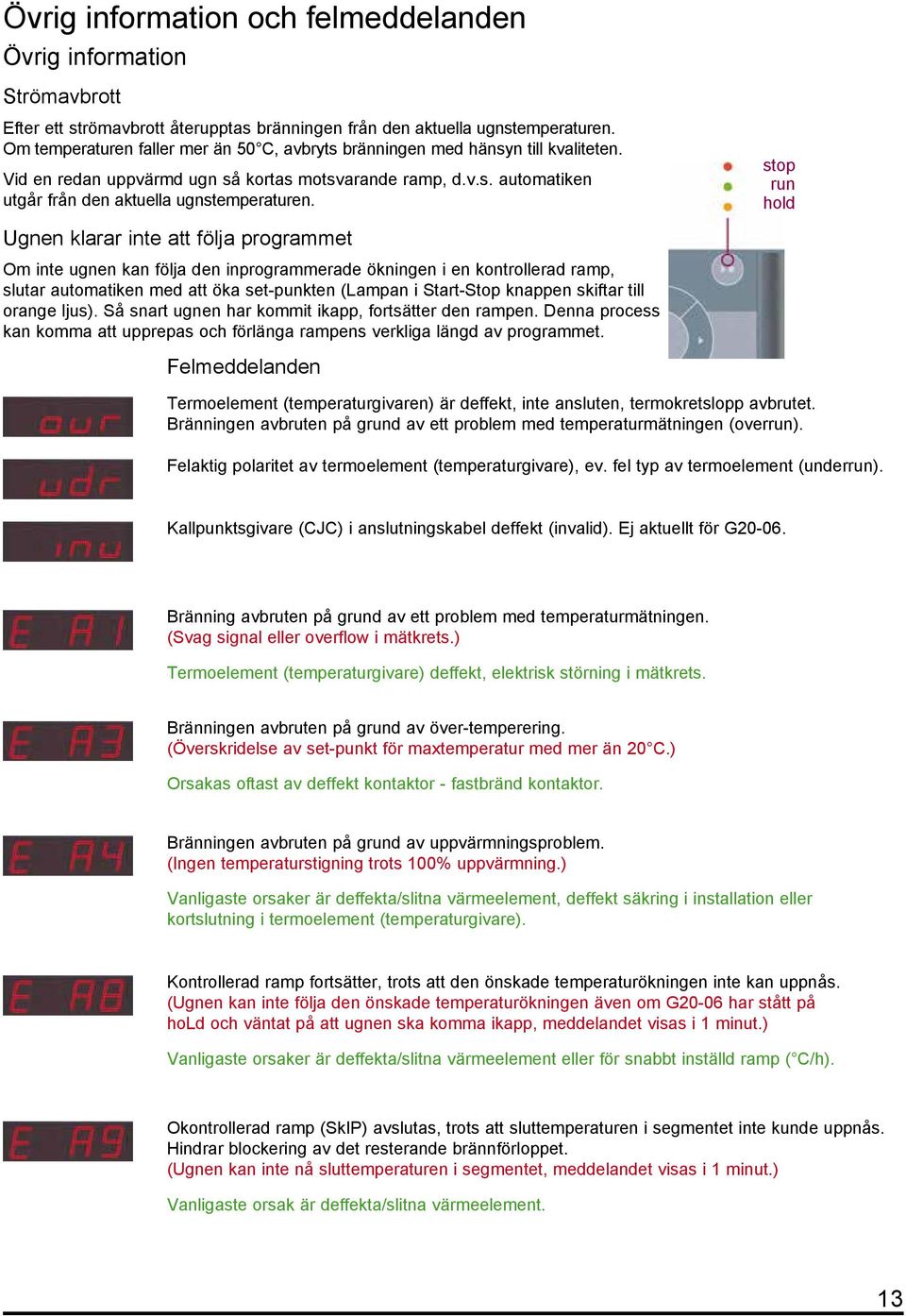 stop run hold Ugnen klarar inte att följa programmet Om inte ugnen kan följa den inprogrammerade ökningen i en kontrollerad ramp, slutar automatiken med att öka set-punkten (Lampan i Start-Stop