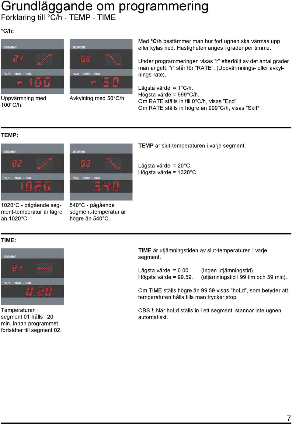 Högsta värde = 999. Om RATE ställs in till 0, visas End Om RATE ställs in högre än 999, visas SkIP. : är slut-temperaturen i varje segment. Lägsta värde = 20 C. Högsta värde = 1320 C.