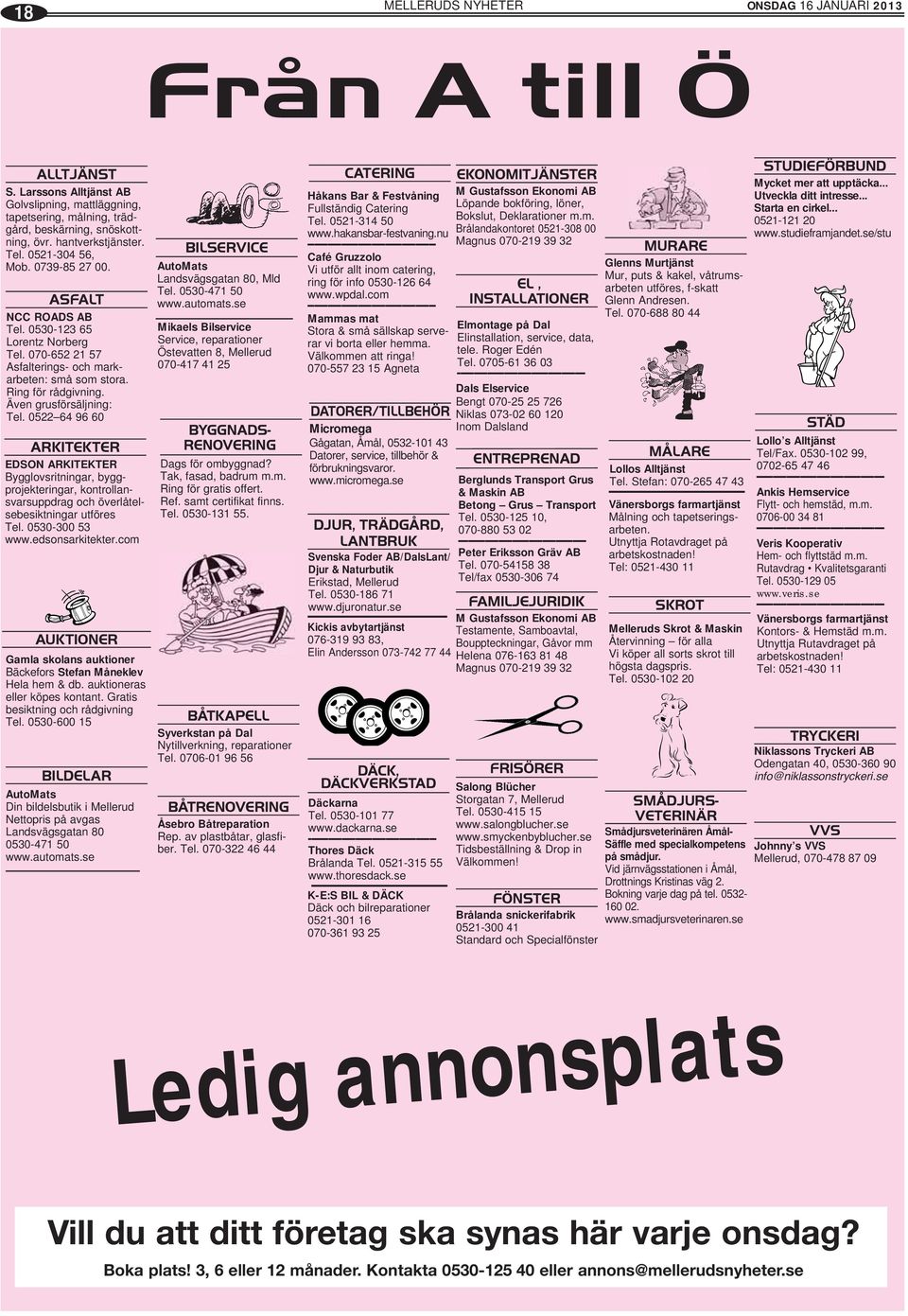 Även grusförsäljning: Tel. 0522 64 96 60 ARKITEKTER EDSON ARKITEKTER Bygglovsritningar, bygg - projekteringar, kontrollansvarsuppdrag och överlåtelsebesiktningar utföres Tel. 0530-300 53 www.