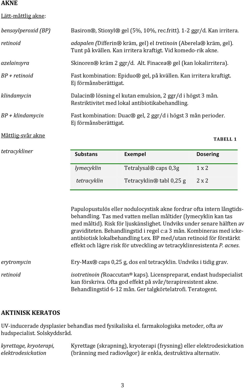 Fast kombination: Epiduo gel, på kvällen. Kan irritera kraftigt. Ej förmånsberättigat. Dalacin lösning el kutan emulsion, 2 ggr/d i högst 3 mån. Restriktivitet med lokal antibiotikabehandling.