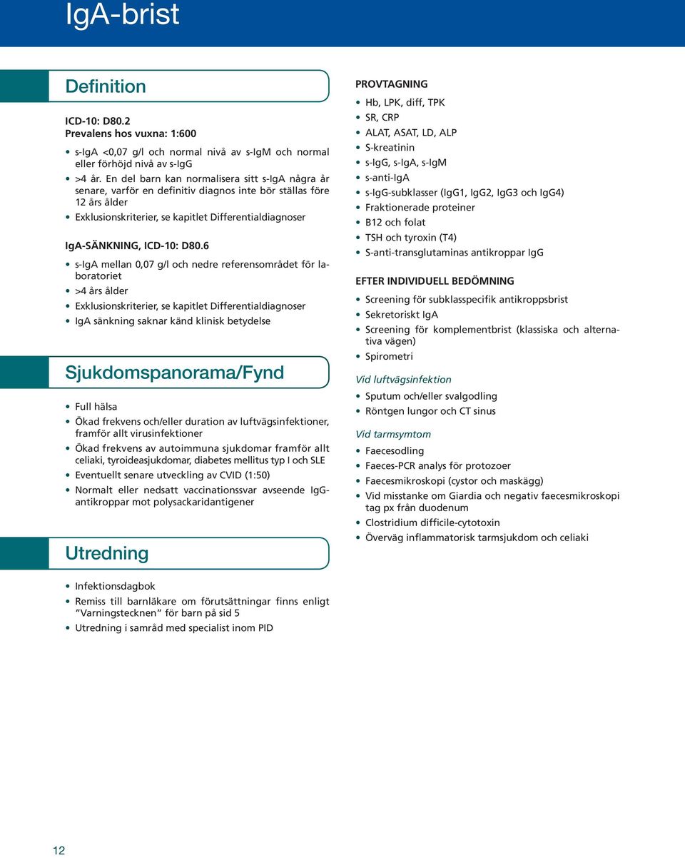 6 s-iga mellan 0,07 g/l och nedre referensområdet för laboratoriet >4 års ålder Exklusionskriterier, se kapitlet Differentialdiagnoser IgA sänkning saknar känd klinisk betydelse Sjukdomspanorama/Fynd