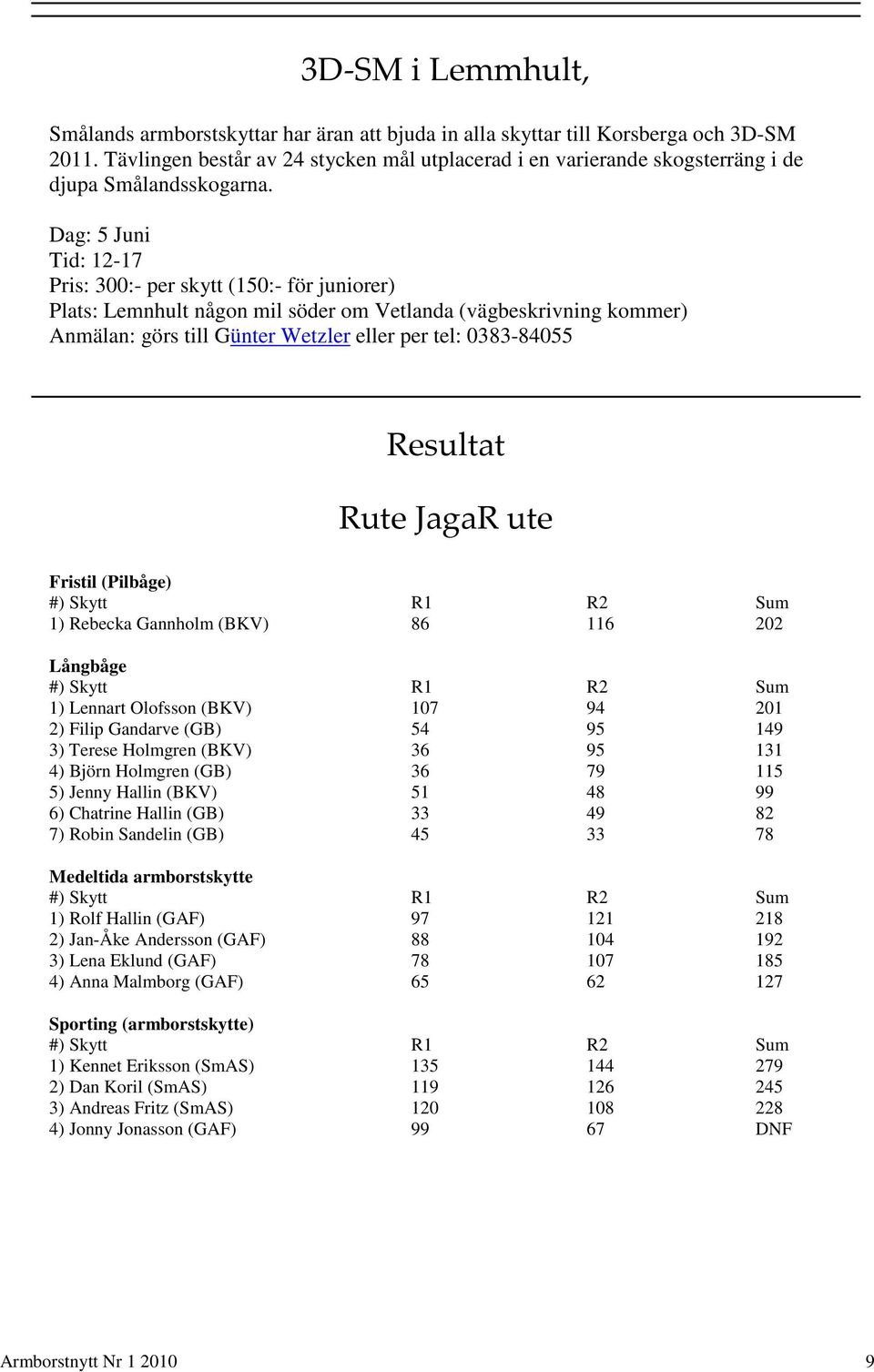 Dag: 5 Juni Tid: 12-17 Pris: 300:- per skytt (150:- för juniorer) Plats: Lemnhult någon mil söder om Vetlanda (vägbeskrivning kommer) Anmälan: görs till Günter Wetzler eller per tel: 0383-84055