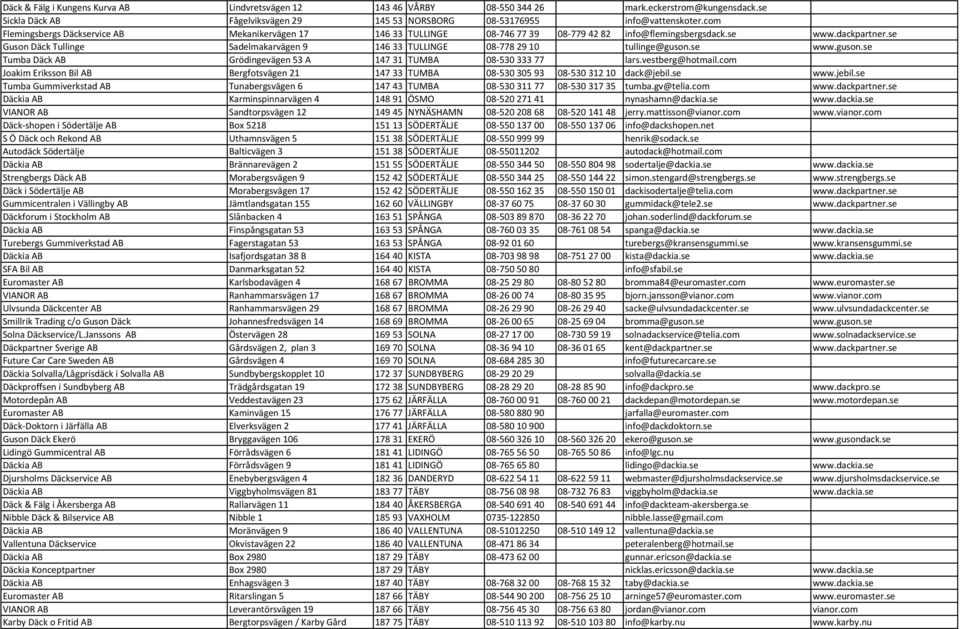 se Guson Däck Tullinge Sadelmakarvägen 9 146 33 TULLINGE 08 778 29 10 tullinge@guson.se www.guson.se Tumba Däck AB Grödingevägen 53 A 147 31 TUMBA 08 530 333 77 lars.vestberg@hotmail.