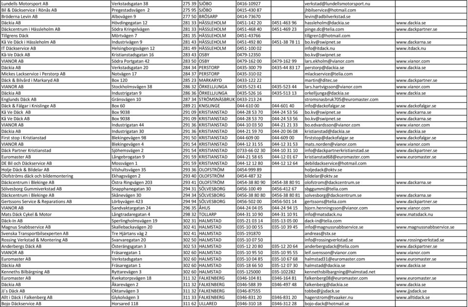 se www.dackia.se Däckcentrum i Hässleholm AB Södra Kringelvägen 281 33 HÄSSLEHOLM 0451 468 40 0451 469 23 pinge.dc@telia.com www.dackpartner.