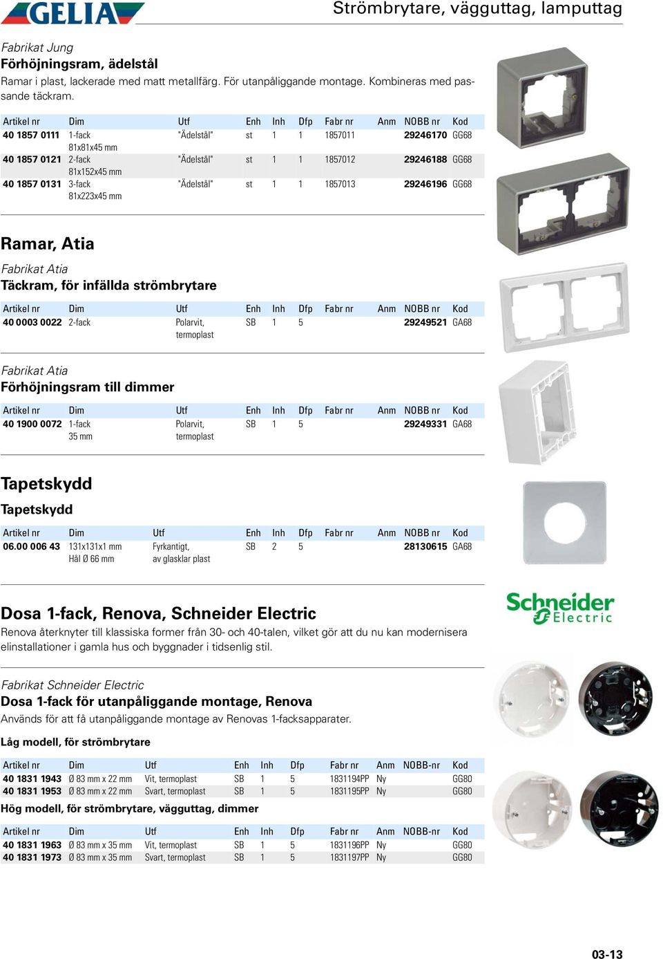 1857013 29246196 GG68 Ramar, Atia Fabrikat Atia Täckram, för infällda strömbrytare 40 0003 0022 2-fack Polarvit, termoplast SB 1 5 29249521 GA68 Fabrikat Atia Förhöjningsram till dimmer 40 1900 0072