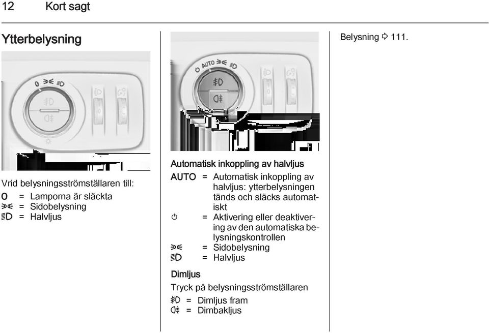 inkoppling av halvljus AUTO = Automatisk inkoppling av halvljus: ytterbelysningen tänds och släcks