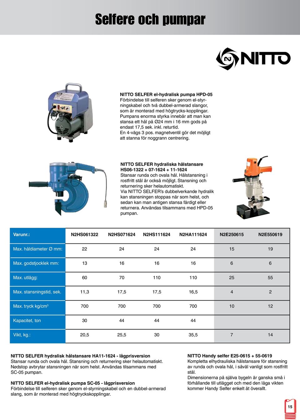 NITTO SELFER hydraliska hålstansare HS06-1322 + 07-1624 + 11-1624 Stansar runda och ovala hål. Hålstansning i rostfritt stål är också möjligt. Stansning och returnering sker helautomatiskt.