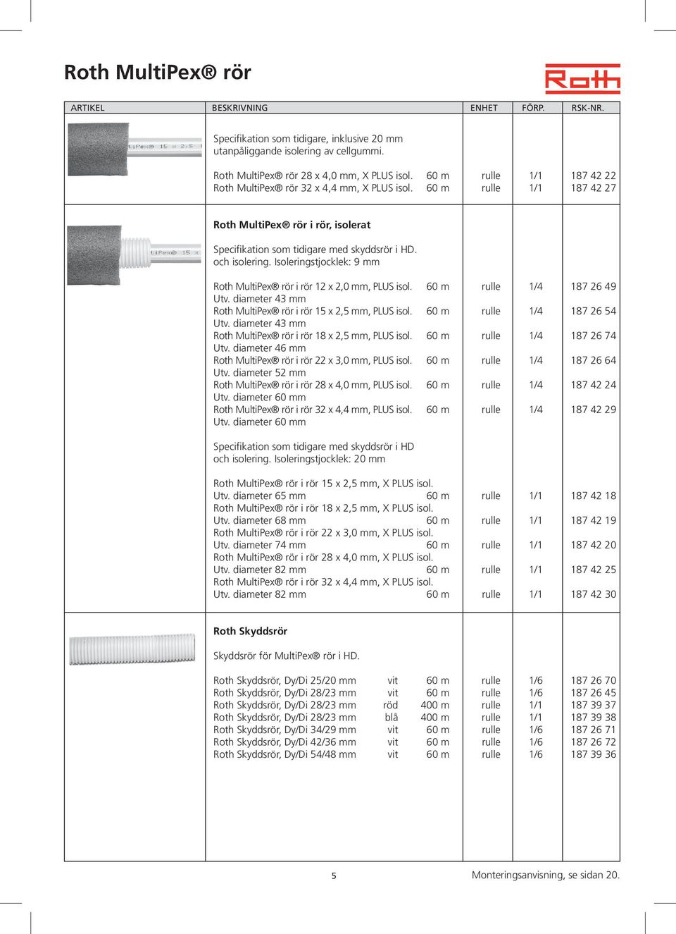 Isoleringstjocklek: 9 mm Roth MultiPex rör i rör 12 x 2,0 mm, PLUS isol. 60 m rulle 1/4 187 26 49 Utv. diameter 43 mm Roth MultiPex rör i rör 15 x 2,5 mm, PLUS isol. 60 m rulle 1/4 187 26 54 Utv.