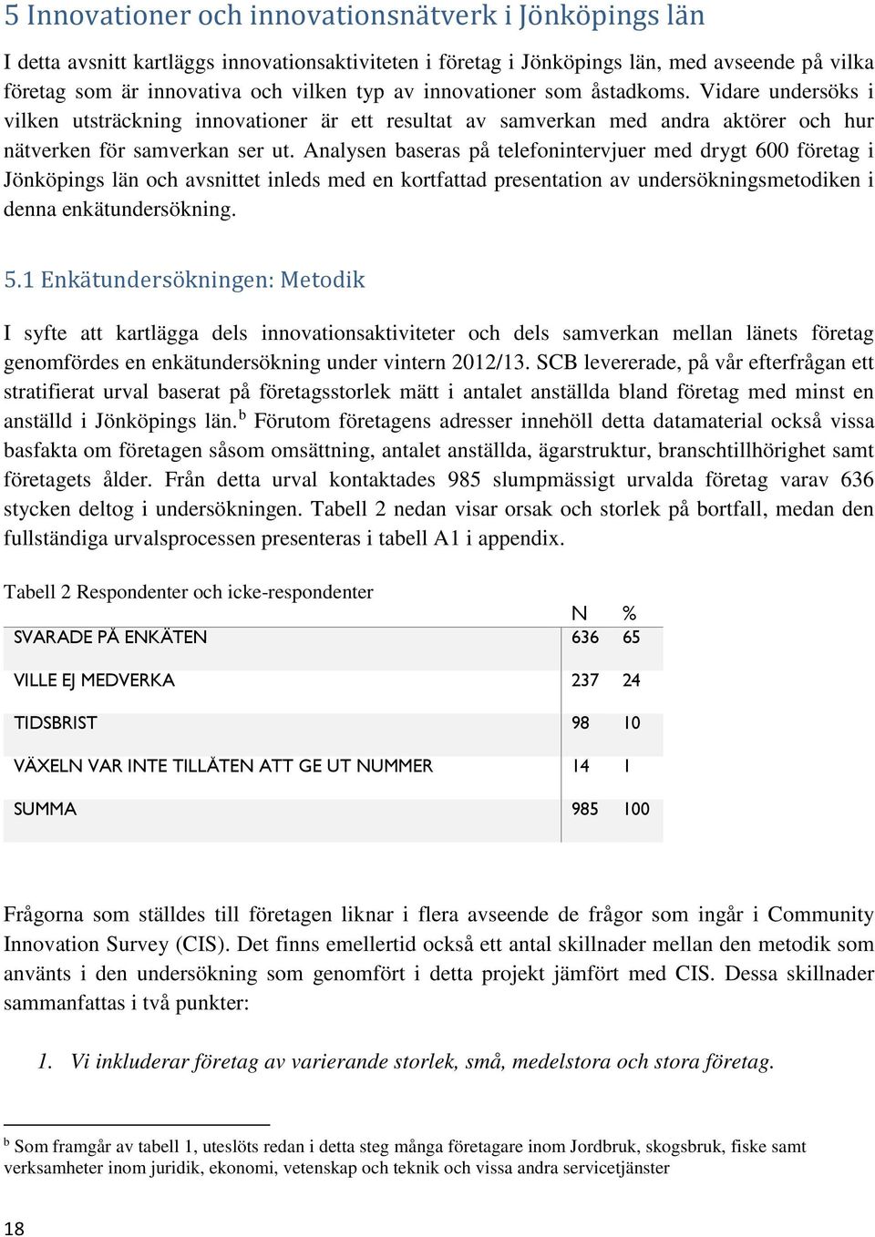 Analysen baseras på telefonintervjuer med drygt 600 företag i Jönköpings län och avsnittet inleds med en kortfattad presentation av undersökningsmetodiken i denna enkätundersökning. 5.