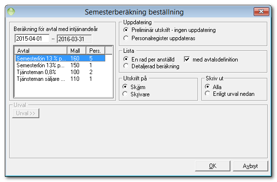 Semesterårsskifte (arbetsgång) Kontrollera Avtalsdefinitioner För att kontrollera de egna avtalsdefinitionerna väljer du Semester i menyraden och alternativet Avtalsdefinitioner.