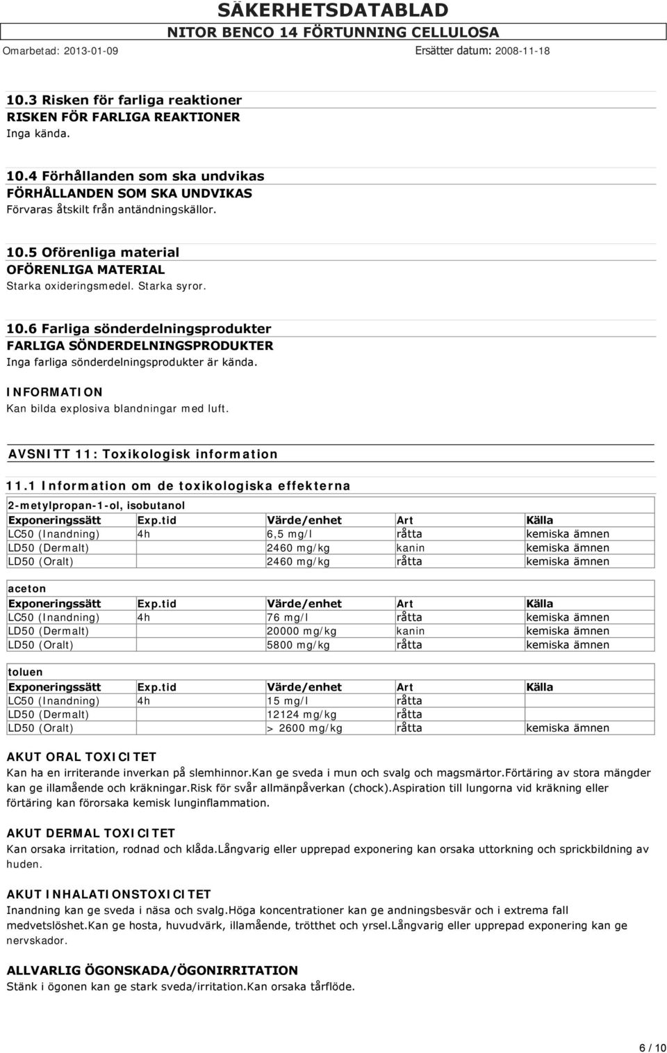 AVSNITT 11: Toxikologisk information 11.1 Information om de toxikologiska effekterna 2-metylpropan-1-ol, isobutanol Exponeringssätt Exp.
