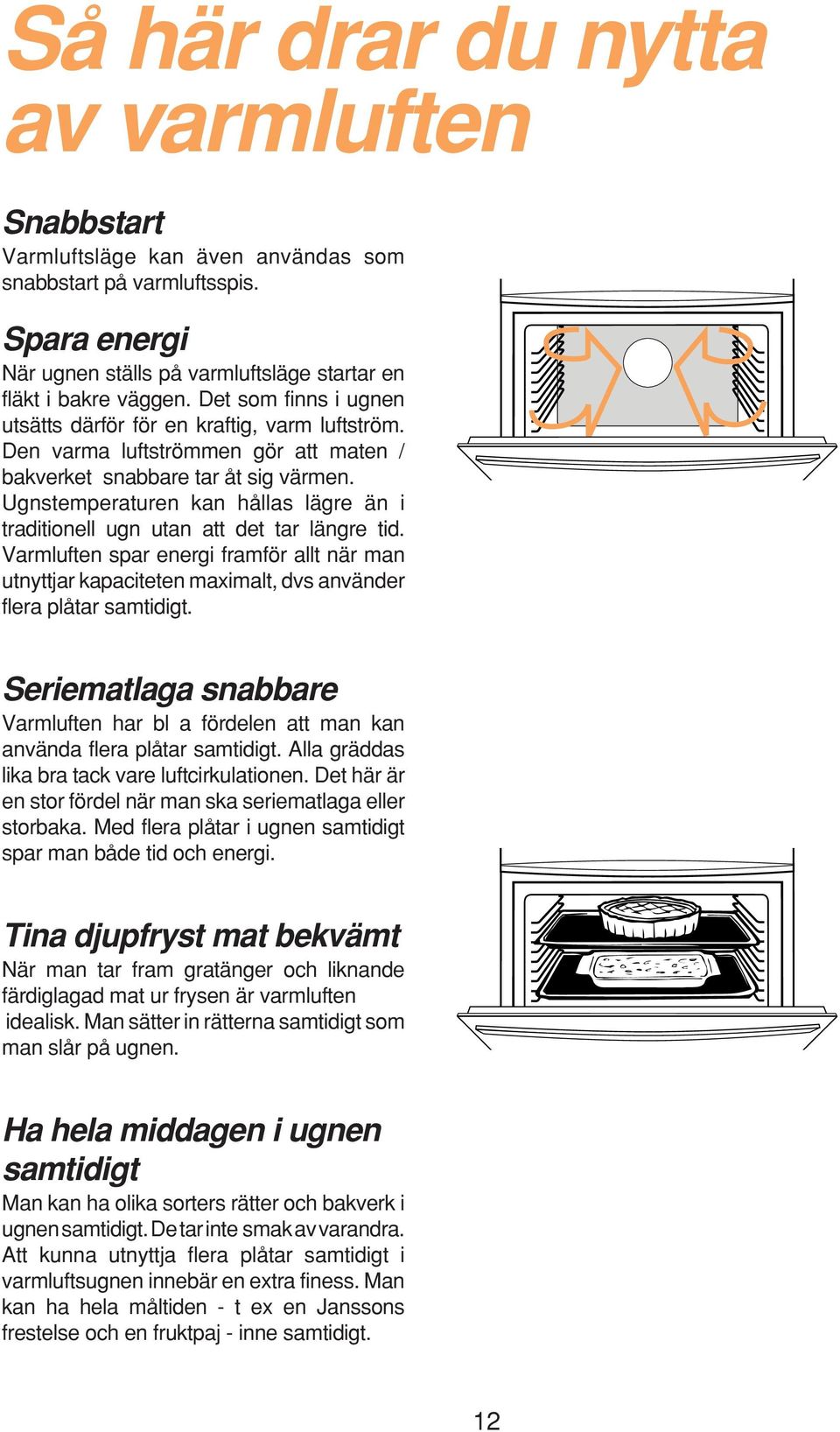 Ugnstemperaturen kan hållas lägre än i traditionell ugn utan att det tar längre tid. Varmluften spar energi framför allt när man utnyttjar kapaciteten maximalt, dvs använder flera plåtar samtidigt.