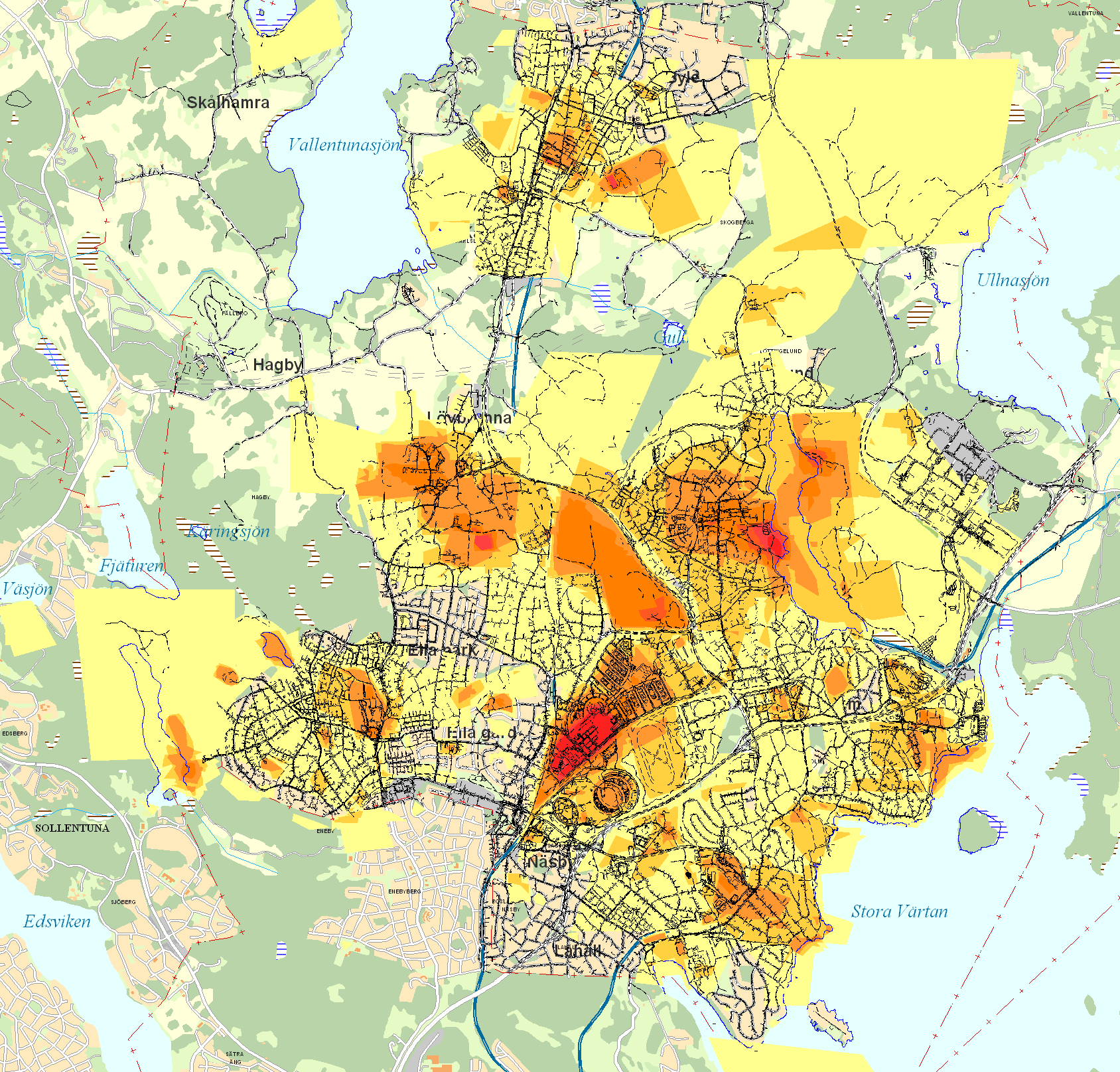 ch stråk, kartan är en manuell bearbetning där varje santalet markeringar rkeringar, orange: 11-20, röd: 21-30,mörkröd: >30 Karta 7: Sammanfattning områden, kartan är