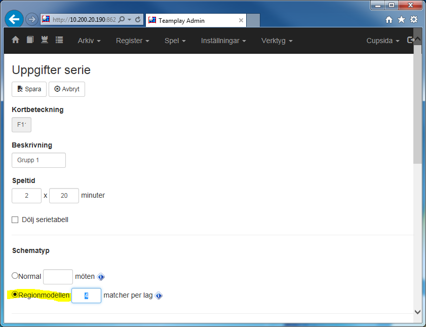 Regionmodellen Under Uppgifter grupp kan du välja att skapa grundspelsmatcher enligt den s.k. Regionmodellen.